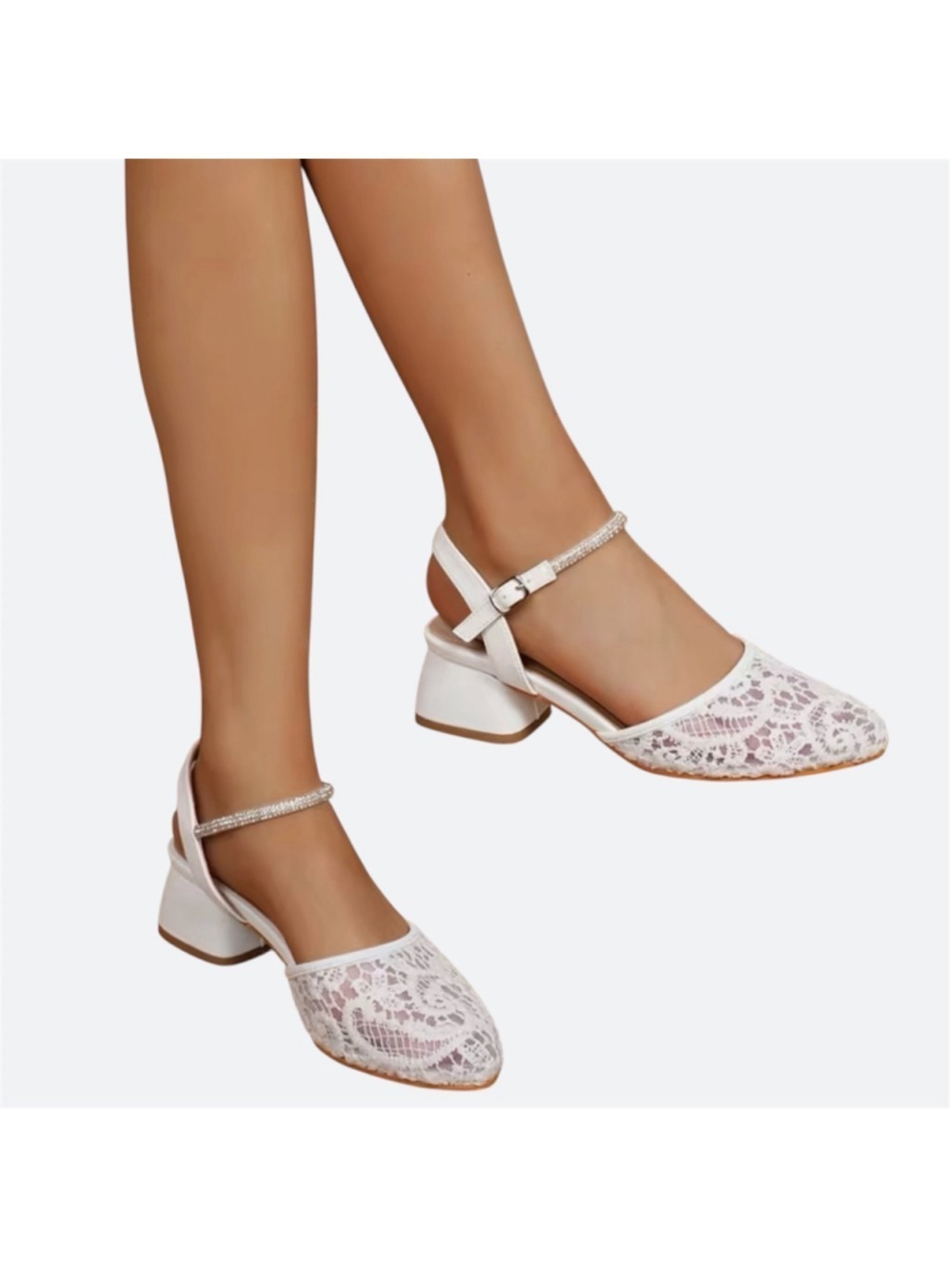 White Lace Low Block Heel Ankle Strap Wedding Shoe Sandals Size 40 - Picture 4 of 10